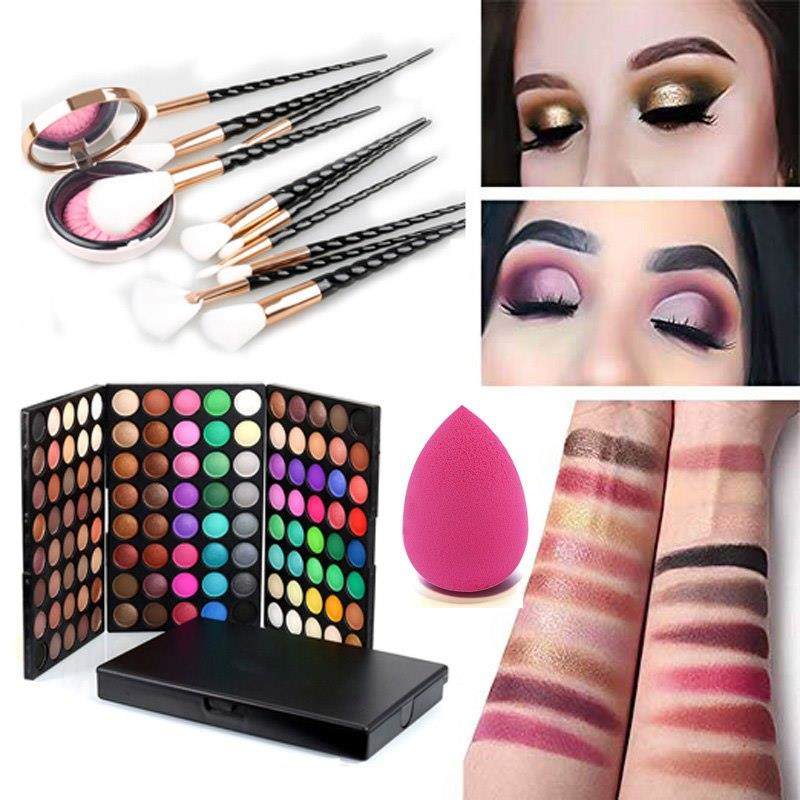Palette di ombretti in polvere da 120 colori, set di pennelli professionali per il trucco e spugnetta per sfumare la polvere. Splendido set di palette di ombretti cosmetici.