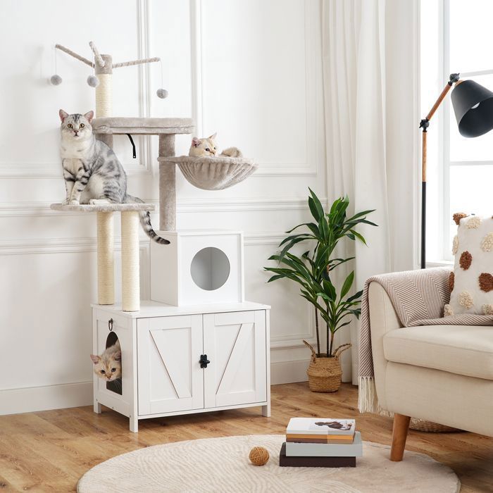 HOOBRO Arbre à Chat avec Maison de Litière pour Chat, avec Tour à Chat, Bâton de Chat taquin à Pompon Amovible, Blanc