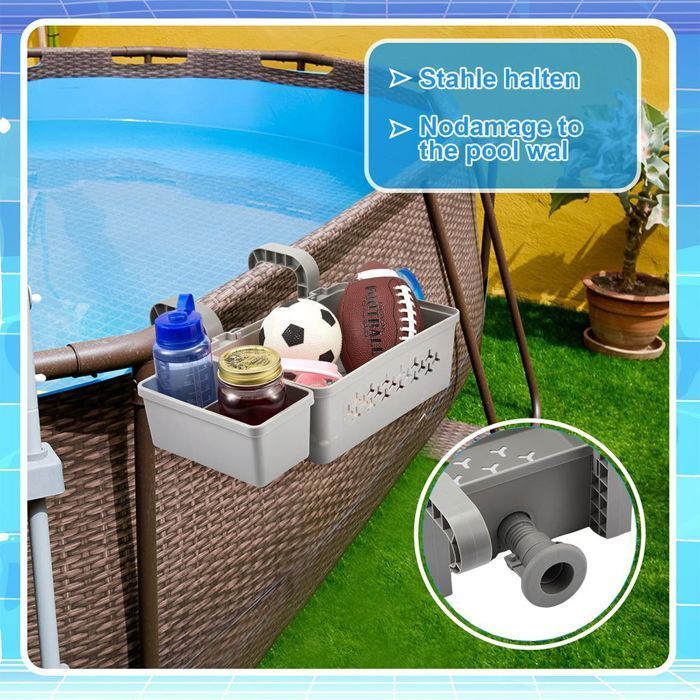 Cesta colgante 3 en 1 para piscinas, con soporte para vasos, accesorios incluidos y etiqueta.