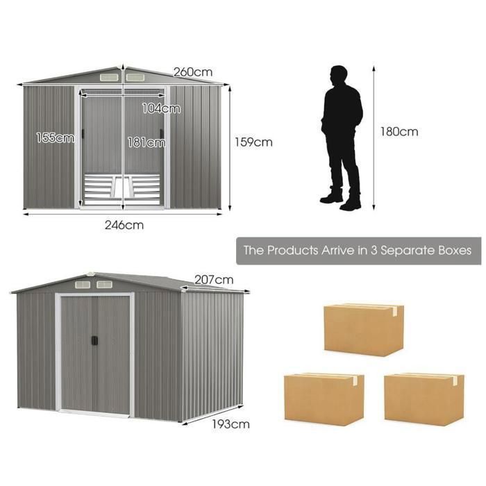 Caseta de jardín metálica de 4,74 m² - RELAX4LIFE - 260x207x181 cm - Chapa de acero galvanizado - 8,59 m³ - Puerta corredera doble - Gris claro