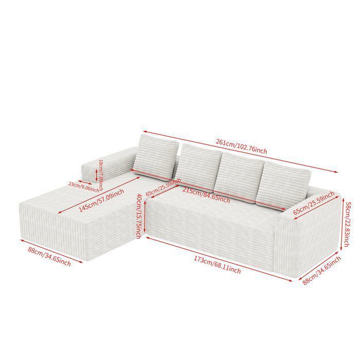 DRIPEX Canapé modulable Cloud avec méridienne en L,Canapé en tissu velours côtelé moelleux avec 4 coussins,Blanc,261×168×58cm