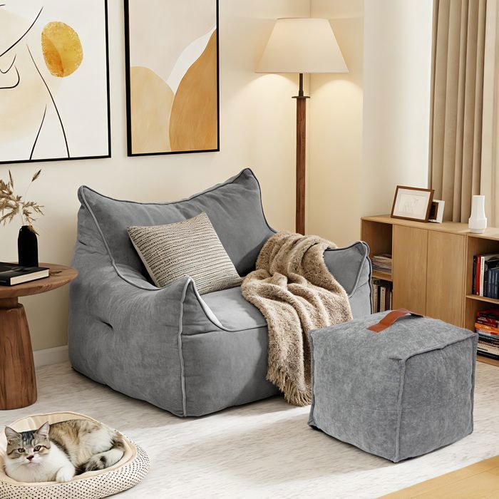 Pouf Salon Fauteuil en Velours avec Repose Pieds - 100 x 95 cm - Canapé, Poire, Chaise longue - Chambre, Gris
