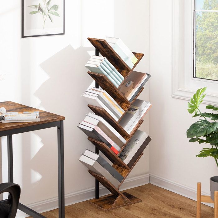 HOOBRO Bookshelf, 9-Tier Shelf, Freestanding Bookshelf, Tree-Shaped Storage Unit, Desk, Decorative Shelf