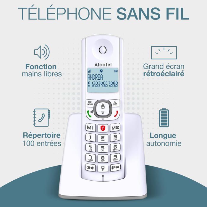 FLEUVE-Telephone Fixe-F530 Duo-Téléphone DECT-Grand Écran Rétroéclairé-Mains Libres-Blocage Appels-2 Mémoires-Blanc/Gris