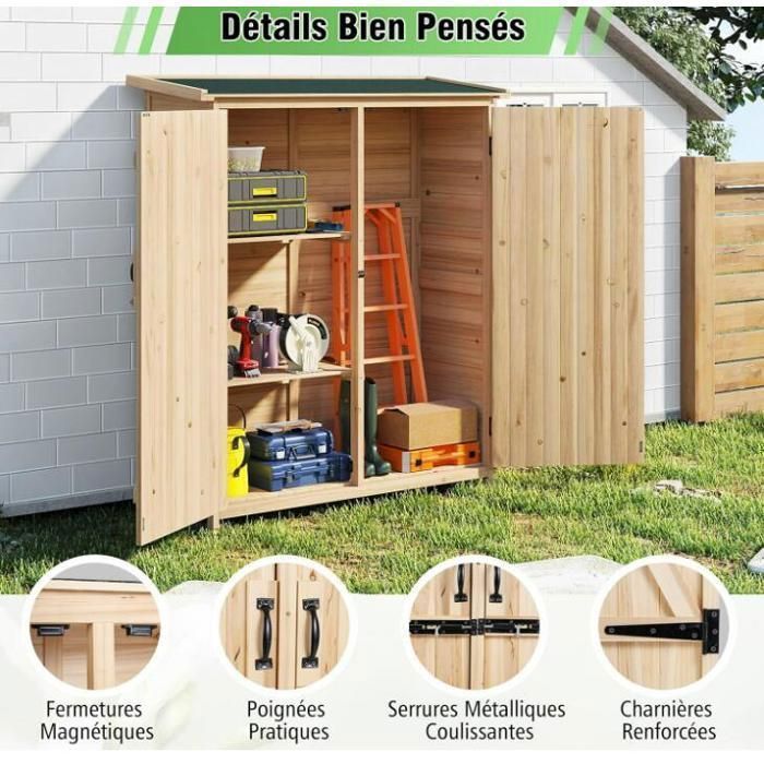 Caseta de jardín de madera maciza - RELAX4LIFE - Techo inclinado de asfalto - 140x50,5x163cm - Estante extraíble - Puerta doble con cerradura