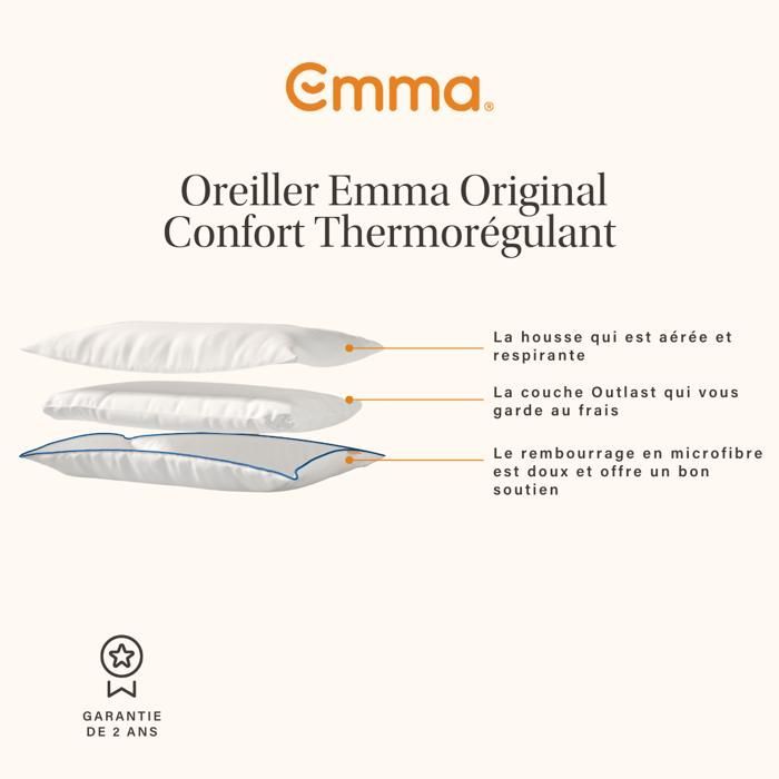 EMMA | Oreiller Emma Original Confort Thermorégulant 60x60 cm | Thermorégulant | Hauteur Adaptable | Hypoallergénique