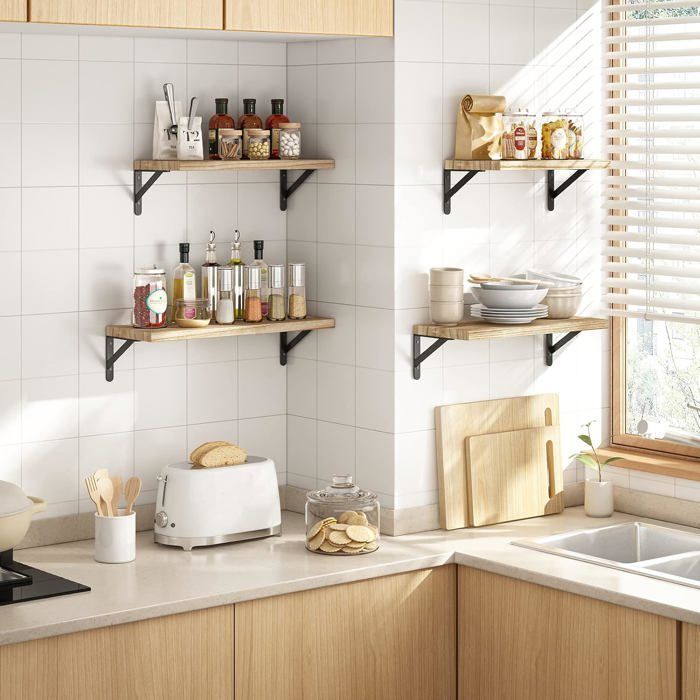 Lot de 4 Étagère Murale, Tablette Flottant, Étagère de Rangement Suspendue, pour Salon, Cuisine, Bureau, Salle de Bain