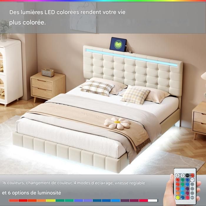 Lit double 140x190 cm - SUNFECILI - Beige - Avec LED et USB - Tissu en lin - Charge 300 kg
