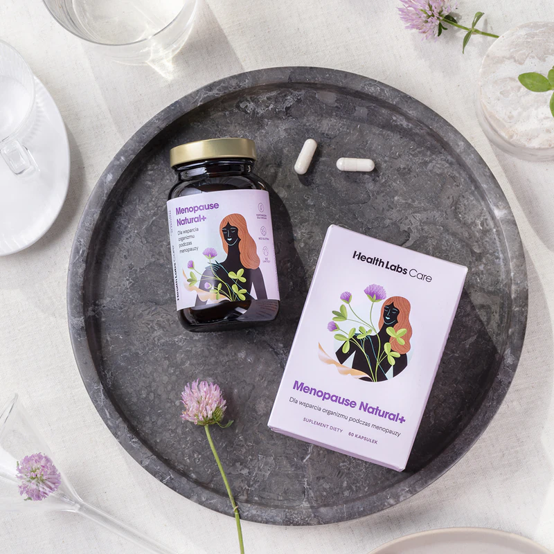 Cápsulas de suplemento alimentar Health Labs Care Menopause Natural+ para conforto durante a menopausa.