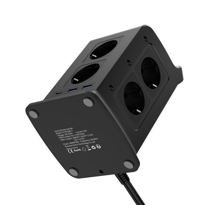 Tour Multiprise Parasurtenseur Parafoudre 8 Prises EU avec 3 USB-A Ports - Cordon de 2m avec Interrupteur - 16A/4000W  - Noir