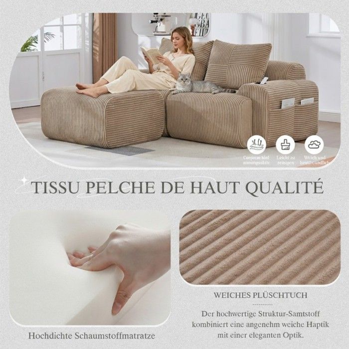 Modulaire 2-zitsbank - LANGTU - Modulaire 2-zitsbank - Corduroy - Voetensteun en bekerhouder - Khaki