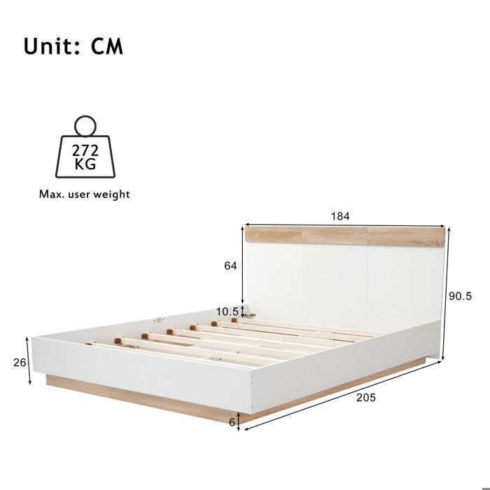 Lit Double 180x200 cm - en Bois Blanc et Chêne - avec Sommier à Lattes - Lit Design Flottant Moderne - sans Matelas