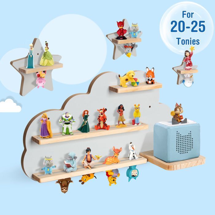 Estante magnético para Tonie Box y Tonies, con capacidad para 20-25 Tonies, estante de pared con forma de caja de música, color gris nube y estrella.