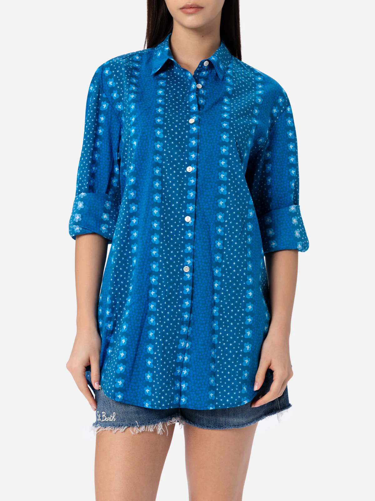 Brigitte katoenen damesblouse met indigo bloemenprint