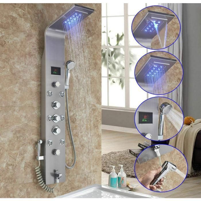 Colonna doccia in acciaio inox spazzolato, display LED della temperatura, 6 getti massaggianti, soffione a pioggia, cascata, doccetta, bidet.