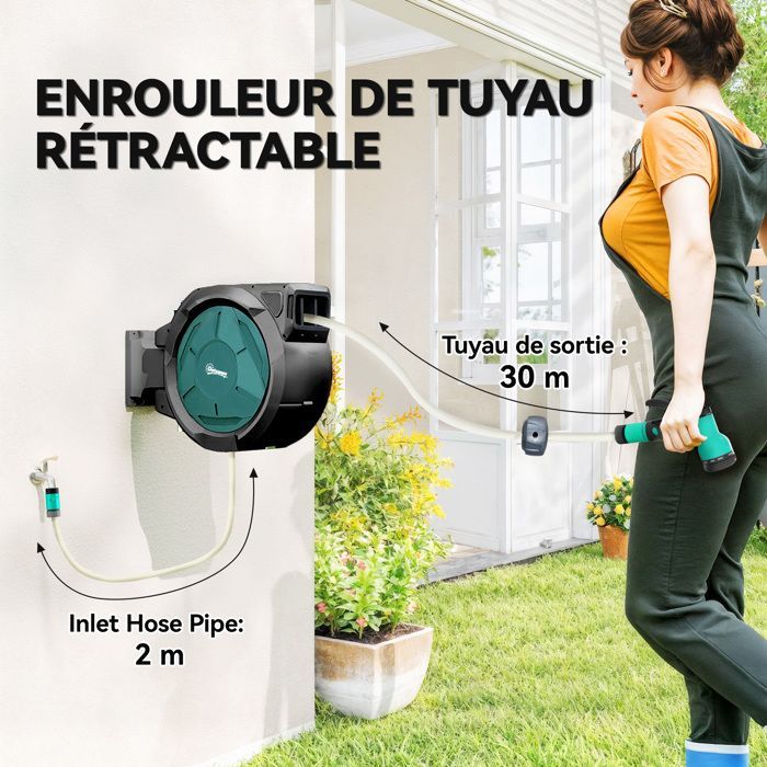 Wall-Mounted Hose Reel - Outsunny - 25m x 15mm Diameter - Automatic Retractable, 180° Swivel - 7-Mode Nozzle - Green
