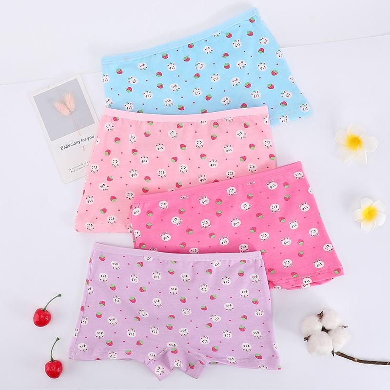 Conjunto de 4 piezas de ropa interior infantil: bóxers, bragas de algodón para bebé niña, calzoncillos con estampado de dibujos animados de fresa y conejo.