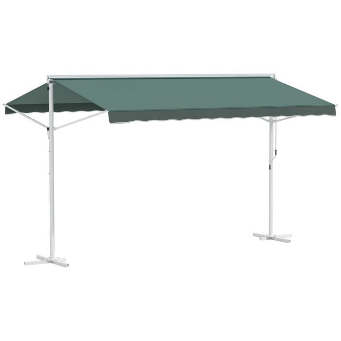Dubbel hellend zonnescherm 4 x 3 m, handmatig intrekbaar, verstelbaar, kantelbaar, metaal, waterdicht, polyester, donkergroen