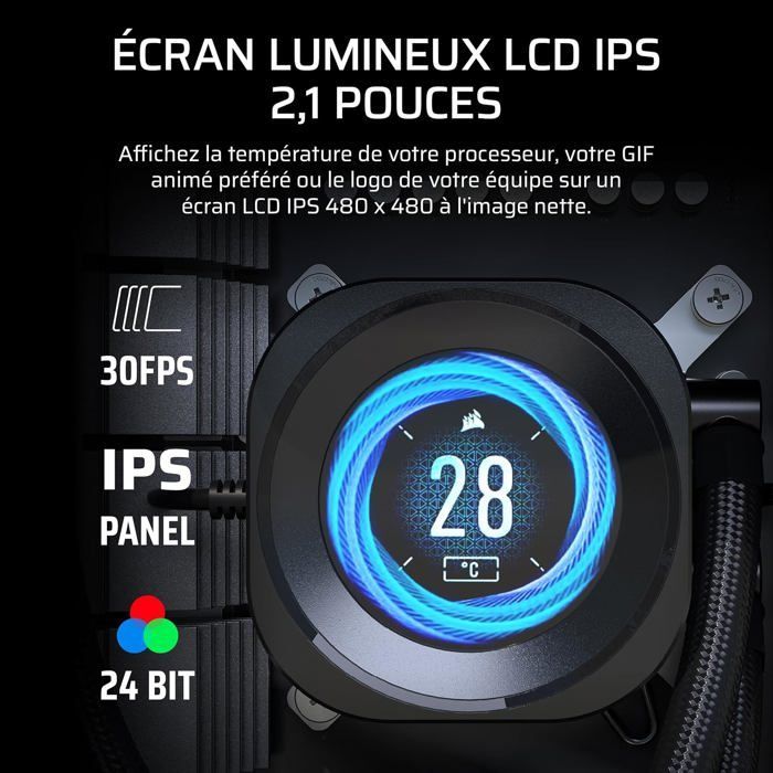 Watercooling CPU avec écran LCD - Corsair - 360 mm - Écran LCD IPS 5.3 cm - Intel LGA 1851/1700 - AMD AM5/AM4