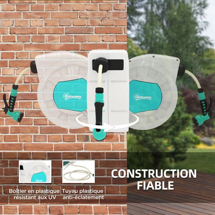 Enrouleur tuyau arrosage - Outsunny - 25+2 m - support mural + poignée - pivotant à 180° - 7 options de jets d'arrosage - gris clair