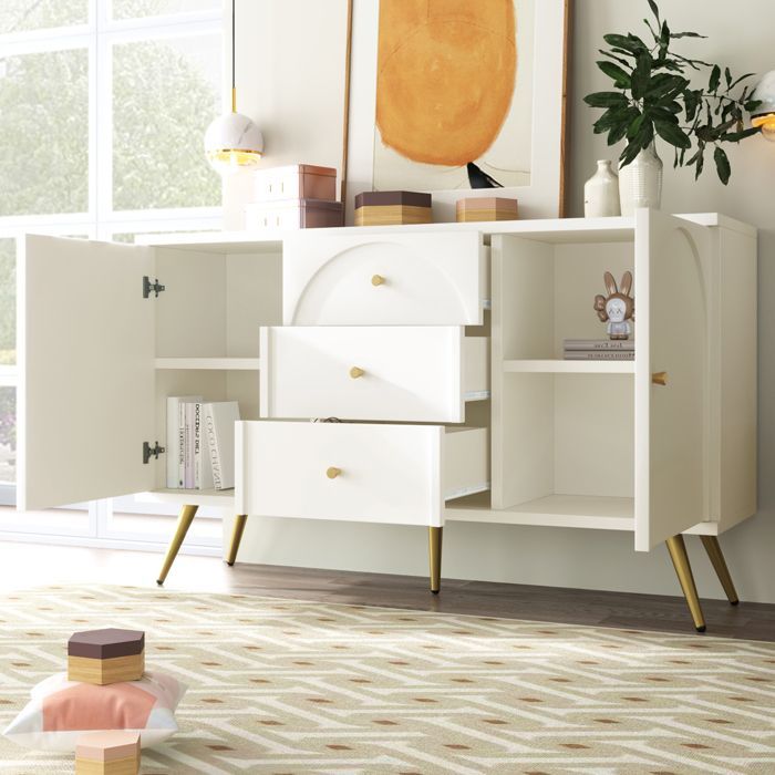 MODENUIT Commode 140x40x84 cm avec 3 tiroirs 2 portes rangement étagère réglable en bois blanc