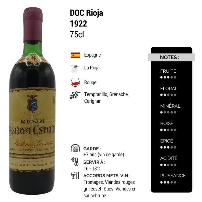 Rioja Reserva Especial Tinto 1922 - 75cl - Domaine Martinez Lacuesta - Vino Tinto DOC - Origen España - Variedad de Uva Tempranillo,