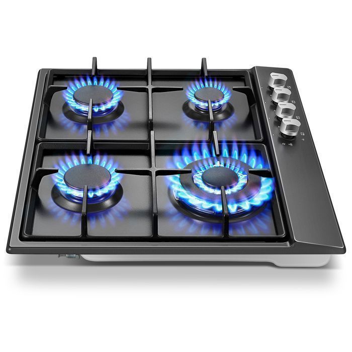 Gaskookplaat - 8060W - Inbouwgaskookplaat met 4 branders - Zwart glas - Aardgas/propaan - 60 cm gaskookplaat