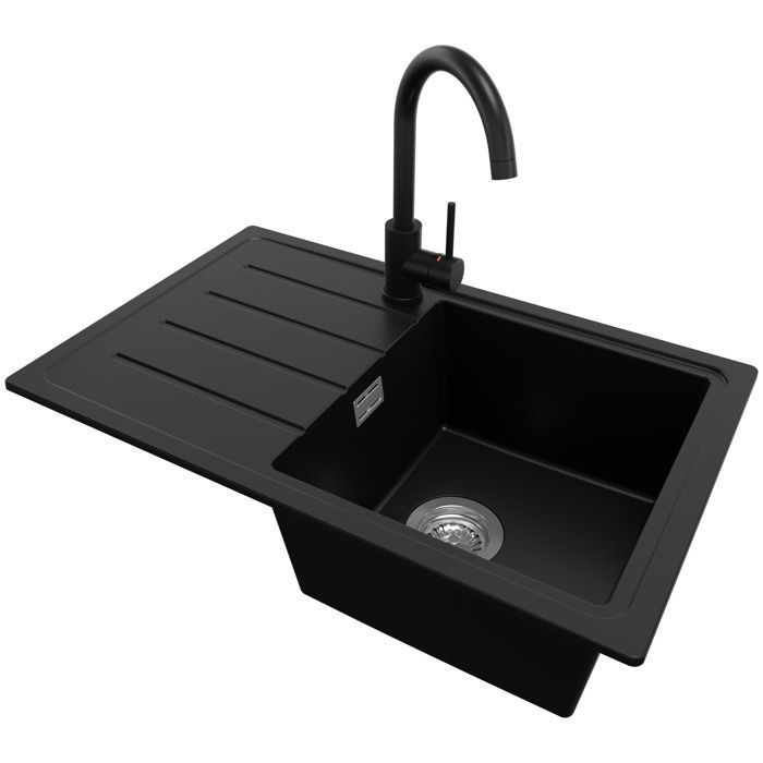 Primagran Copenhagen Easy 70x44cm granieten keukenwastafel, enkele kom + afvoerset + kraan 5010 zwart