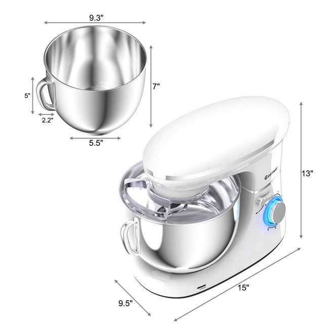 Costway 6-Gang-Küchenmaschine mit 660 W, Knethaken, Schneebesen und Rührbesen, 6,3-Liter-Küchenmaschine mit kippbarem Motorkopf, Weiß