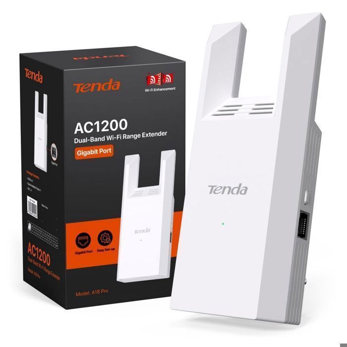 Tenda Répéteur WiFi Puissant A18 Pro, Amplificateur AC1200 Mbps(2.4GHz/5GHz), Port Ethernet Gigabit, Couverture jusqu’à 150 m²