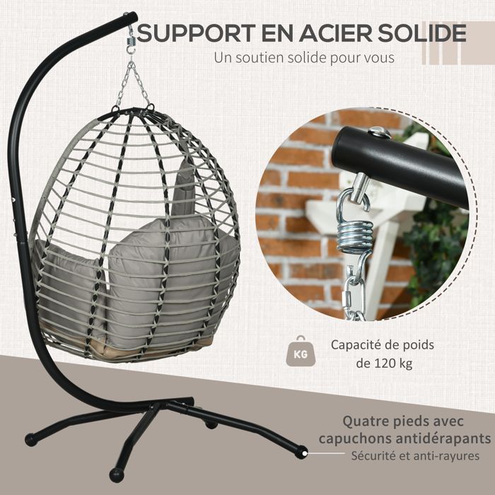 Silla colgante tipo huevo - Outsunny - columpio plegable con cojín y soporte - cuerda metálica - 110x100x188cm - gris