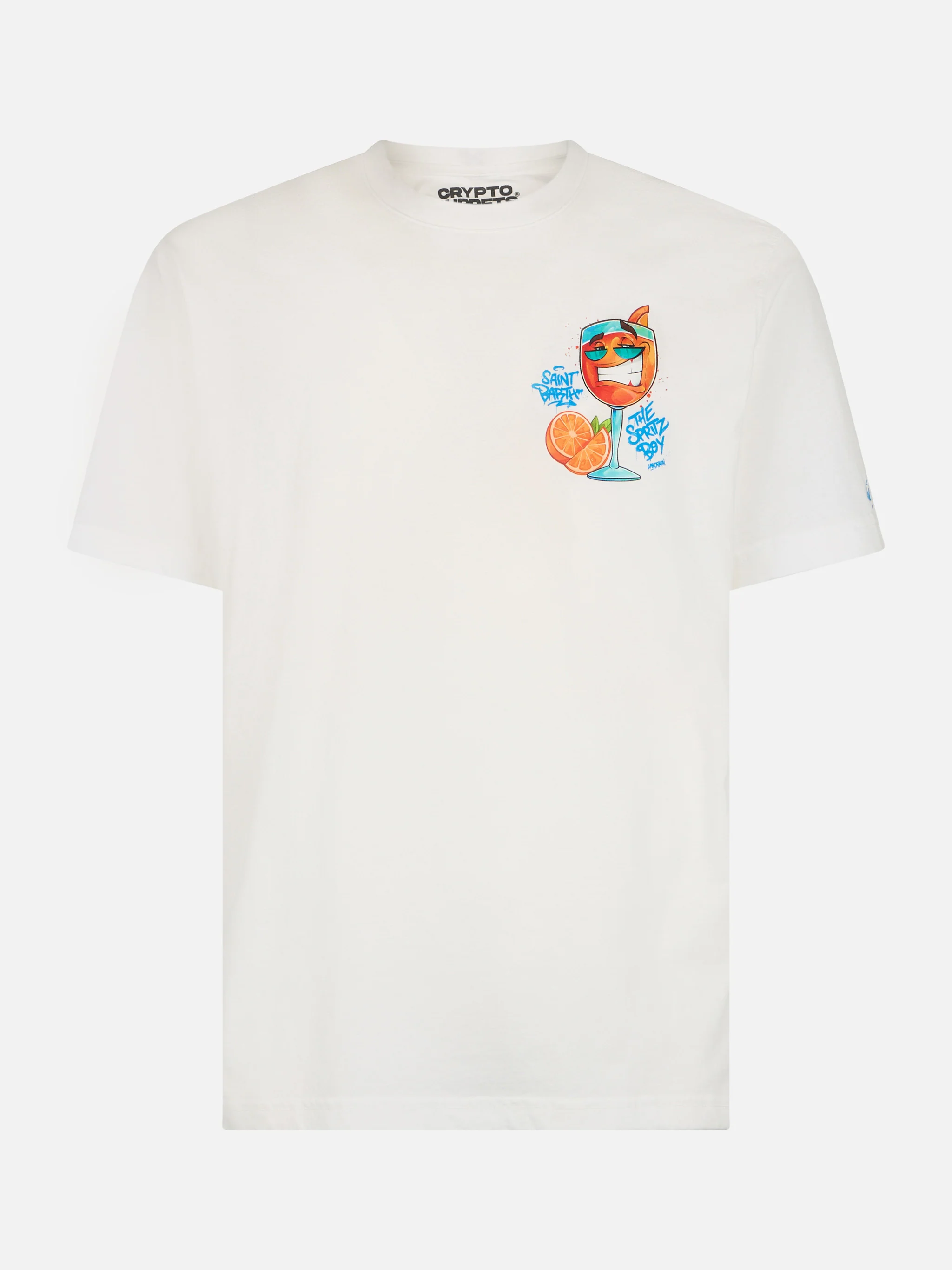 Heren katoenen T-shirt met Cryptopuppets Spritz dav-print.