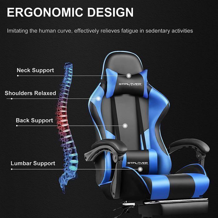 Chaise Gaming Repose Pieds Coussin Lombaire de Massage Fauteuil de Bureau Ergonomique avec Accoudoir Synchronisé (Bleu)