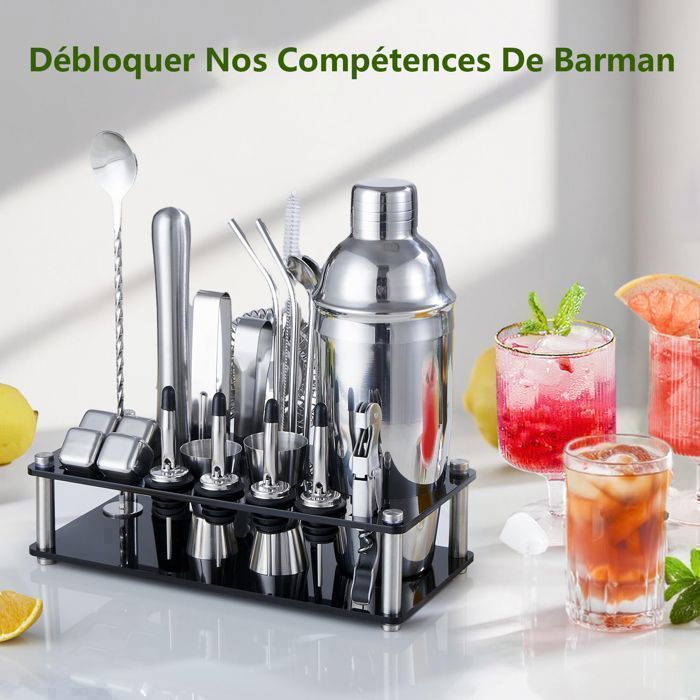 Juego de coctelería de acero inoxidable de 23 piezas con soporte de acrílico - Kit completo para coctelería - Kit profesional para bartender