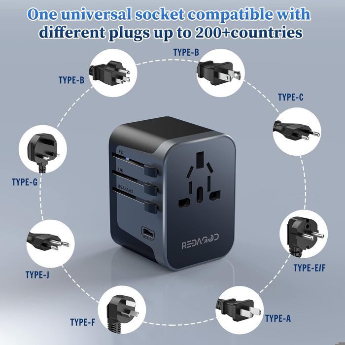 Adaptador de viaje todo en uno con 4 puertos USB de 5,6 A y 1 puerto USB-C, adaptador de enchufe universal esmerilado (de Francia a Reino Unido y EE. UU.).