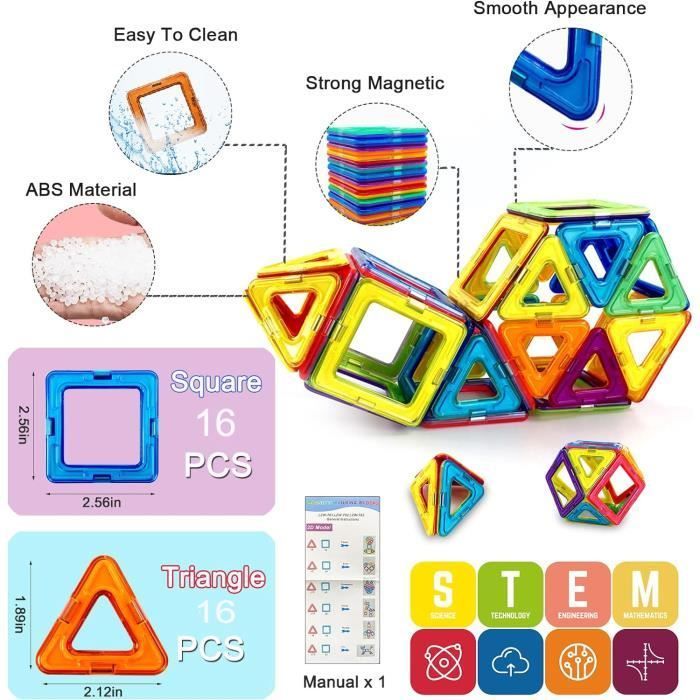 32PCS Blocs Jouet Jeux de Construction, GENOSSEN Construction Magnetique Enfant 3 4 5 6 Ans Garcon Fille Cadeaux D'anniversaire