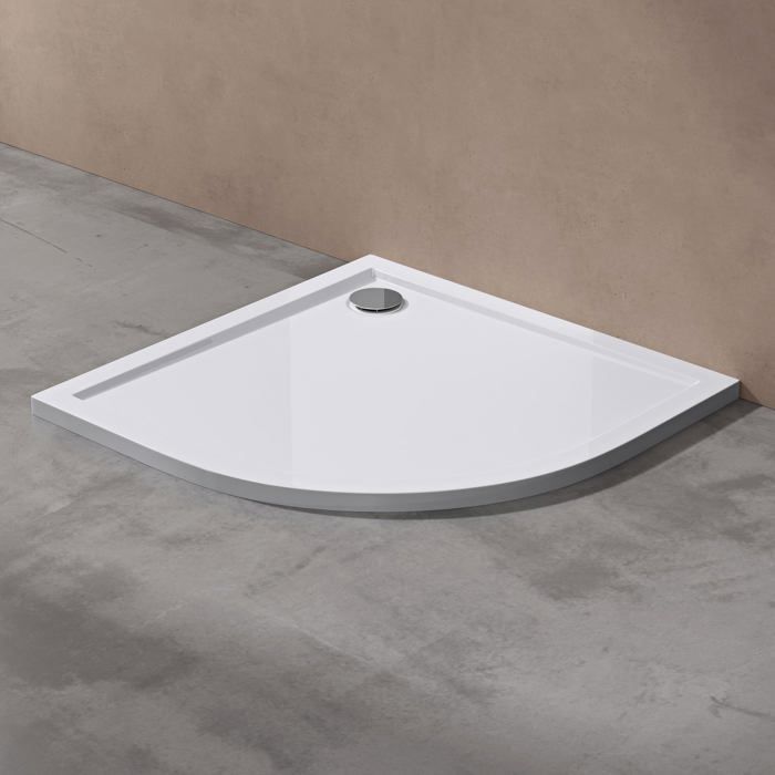Plato de ducha acrílico Sogood Faro03, base plana blanca en forma de cuarto de círculo, 100x100x4cm con tapón AL02.
