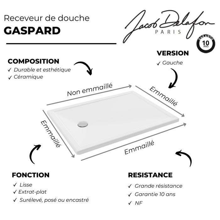 Plato de ducha extraplano - JACOB DELAFON - Gaspard - 120x90cm - Cerámica - Desagüe a la izquierda - Blanco