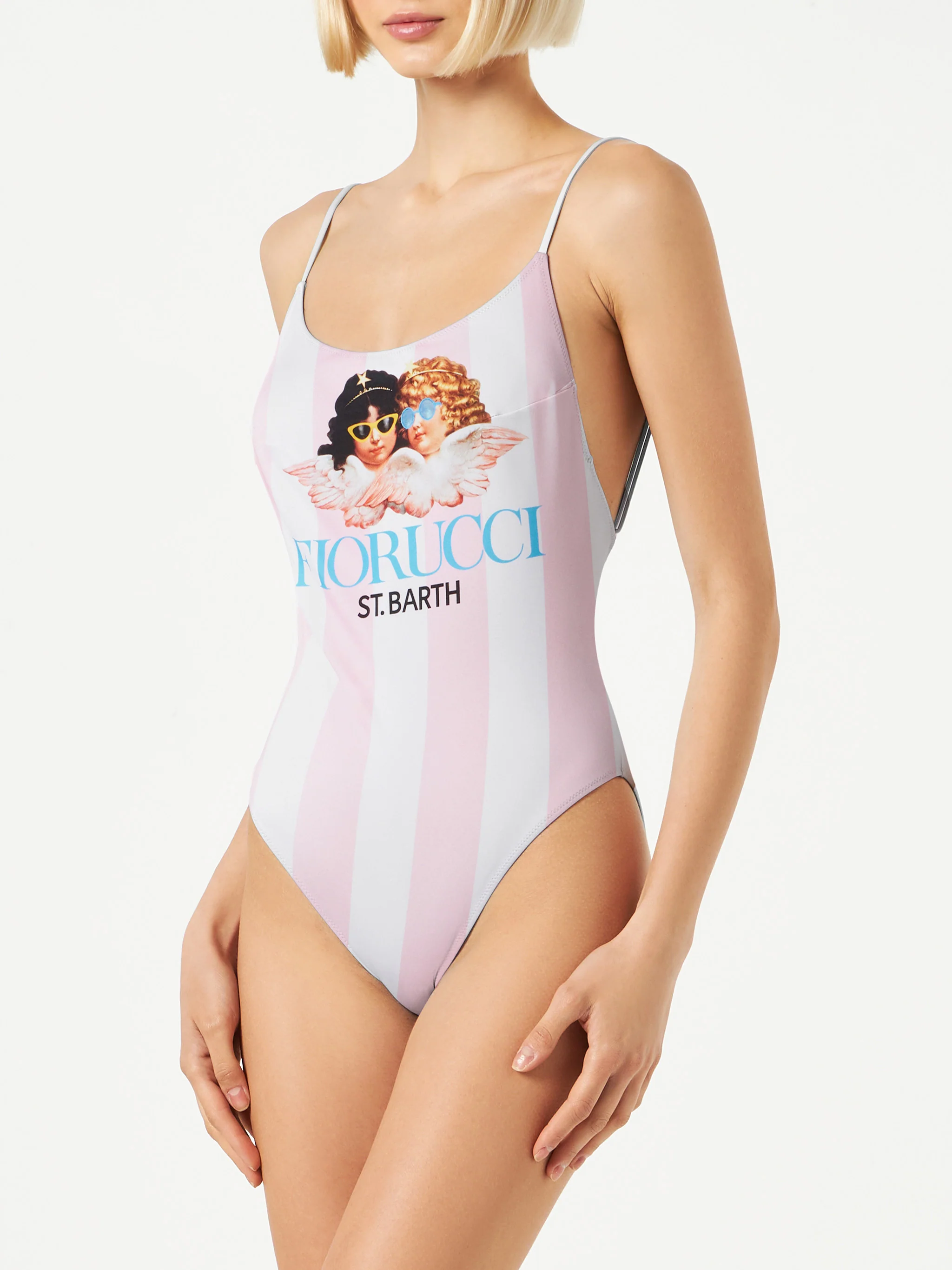 Badpak uit één stuk | Strepenprint | Diepe rugdecolleté | Dunne bandjes | Hoog uitgesneden pijpen | Fiorucci Special Edition | MC2 Saint Barth