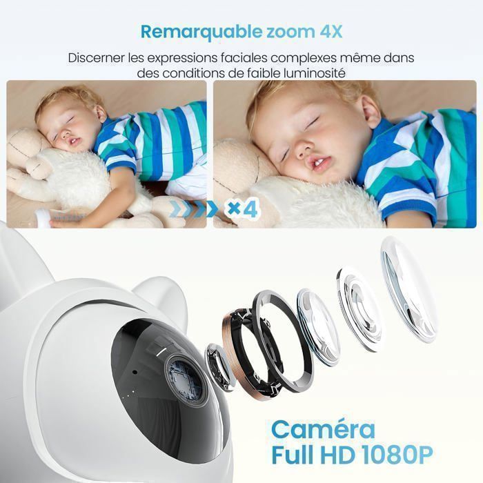 ieGeek 1080P Babyphone Caméra,PTZ 355° Baby Phone Vidéo connecté Smartphone, Visiophone avec Vision Nocturne, Suivi Automatique
