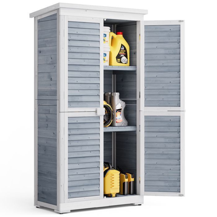 Caseta de jardín Bealife - 3 estantes - 2 puertas - Techo inclinado de betún impermeable - Almacenamiento exterior - Madera gris