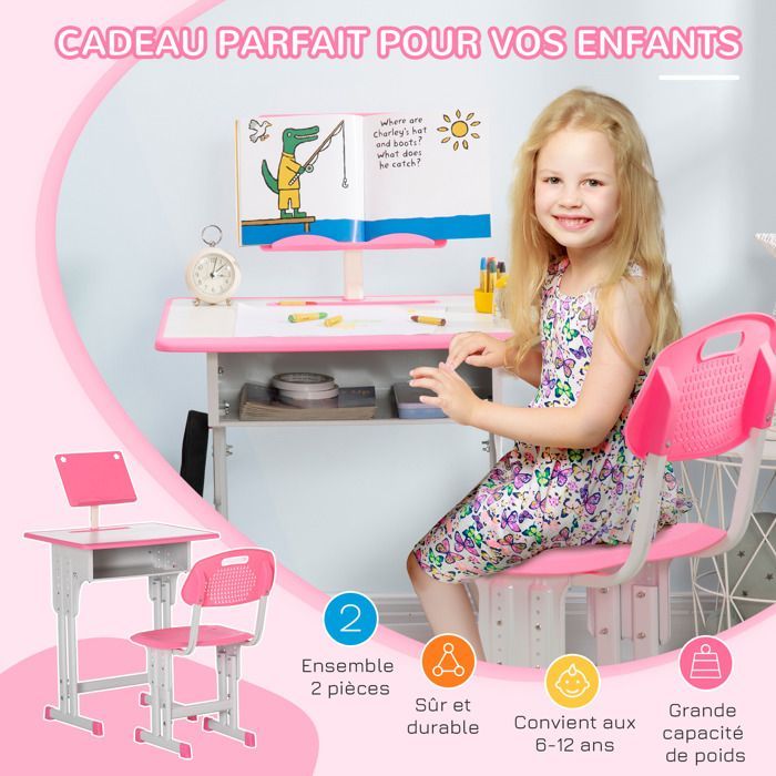 HOMCOM children's desk and chair with reading stand, storage compartment, hook and pen holder - adjustable height - 60 x 45 x 90-102 cm