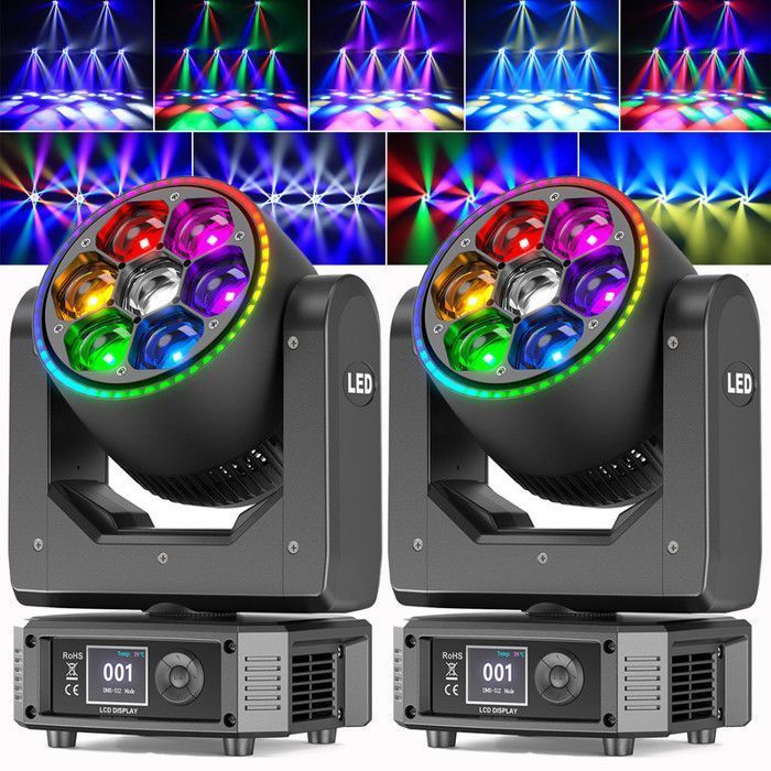 Cabeza móvil LED RGBW DMX UKing de 350 W - Luz de escenario con haz, lavado y zoom CTO - Iluminación para DJ con 7 ojos de abeja para fiestas disco (paquete de 2)