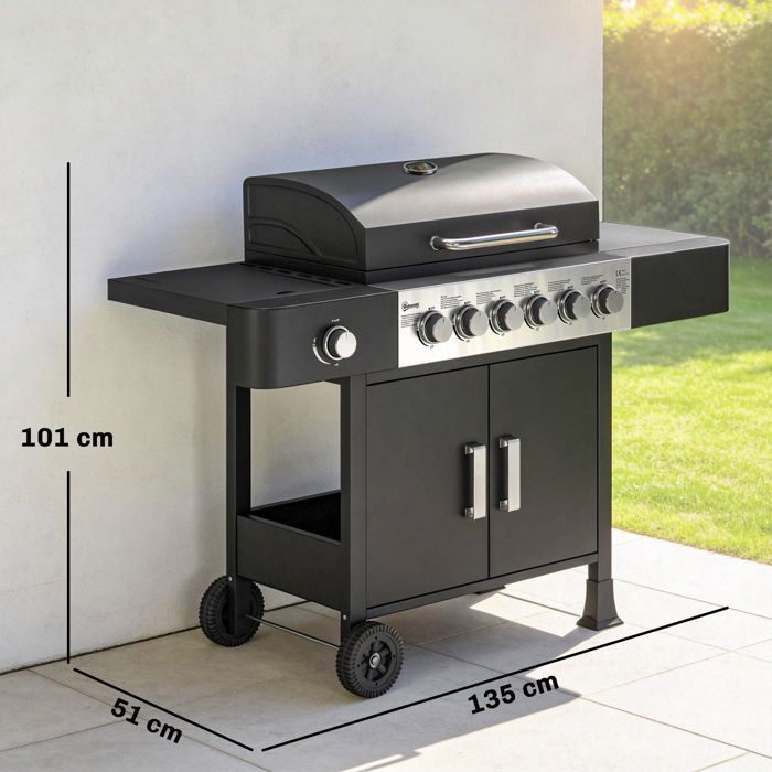 Barbecue a gas - Outsunny - 6+1 bruciatori, termometro integrato - carrello portatile con ruote - metallo - nero