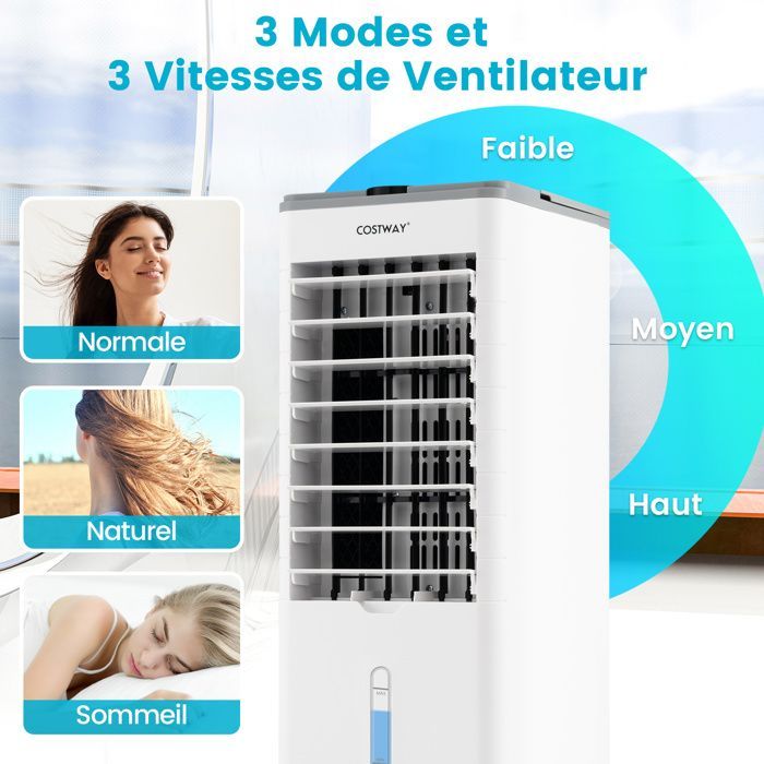 COSTWAY 4-i-1 bærbar klimaanlæg 60W - Dobbelt 2,8L tank - Fjernbetjening, LED touchskærm - 12 timer - 60° oscillation - 3 ventilatorhastigheder - Grå