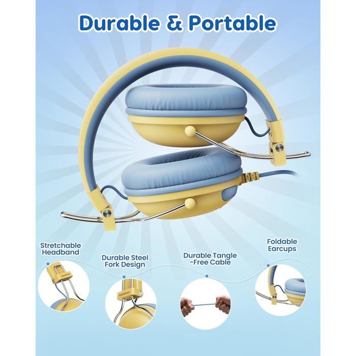 Auriculares infantiles - ZVVN - Modelo plegable - Límite de volumen 74/85 dB - Sonido estéreo HD - Amarillo y azul