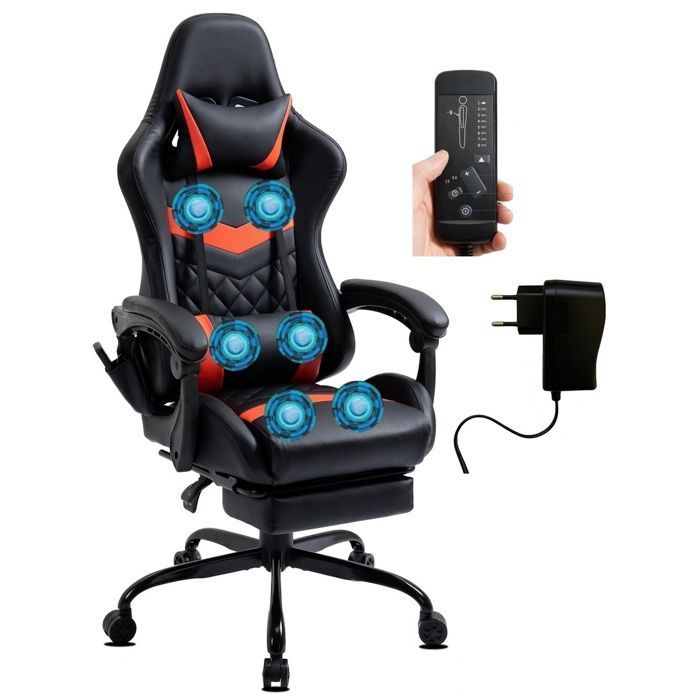 Chaise Gaming Ergonomique Similicuir avec Repose-Pieds et Massage 6 Points, Dossier Inclinable, Base Métal Delman Rouge