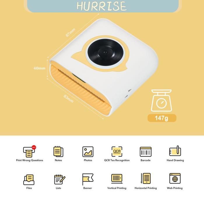 Tbest Mini Stampante Foto Bisofice L8 Mini Stampante Portatile Tascabile Termica per Etichette Stampante per Computer Gialla