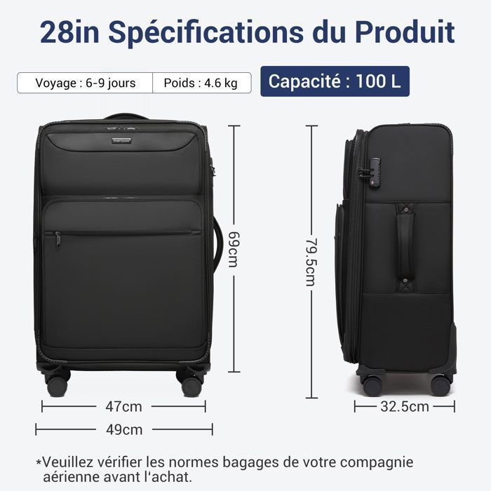 Grote incheckkoffer van British Traveller, 79,5 x 49,5 x 32,5 cm, uitbreidbaar, lichtgewicht handbagage met TSA-slot en 4 wielen, zwart.