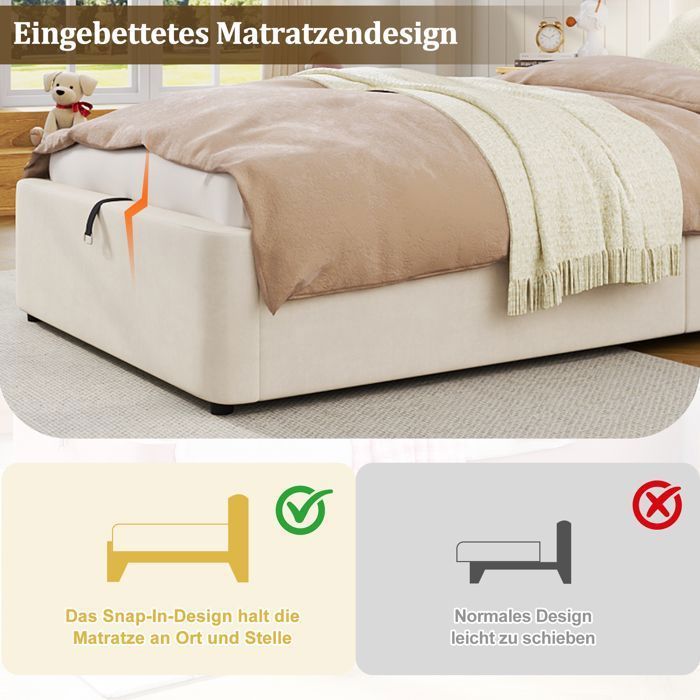 Lit Coffre - Becag - Lit enfant rembourré 90x200cm avec tête de lit, Lit simple capitonné avec rangement hydraulique, Velours Beige